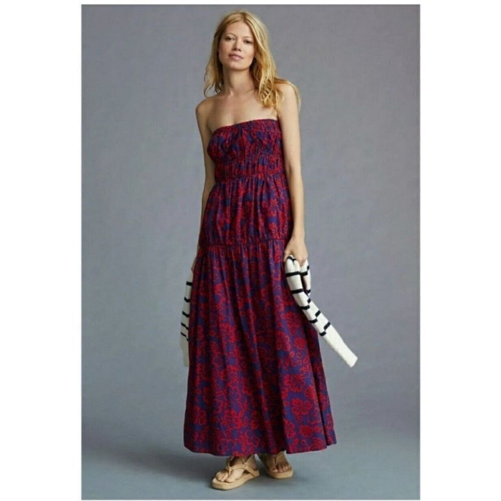 Sundry Women's Strapless Maxi Dress Aloha Floral Side Zip Blue Red Size XL